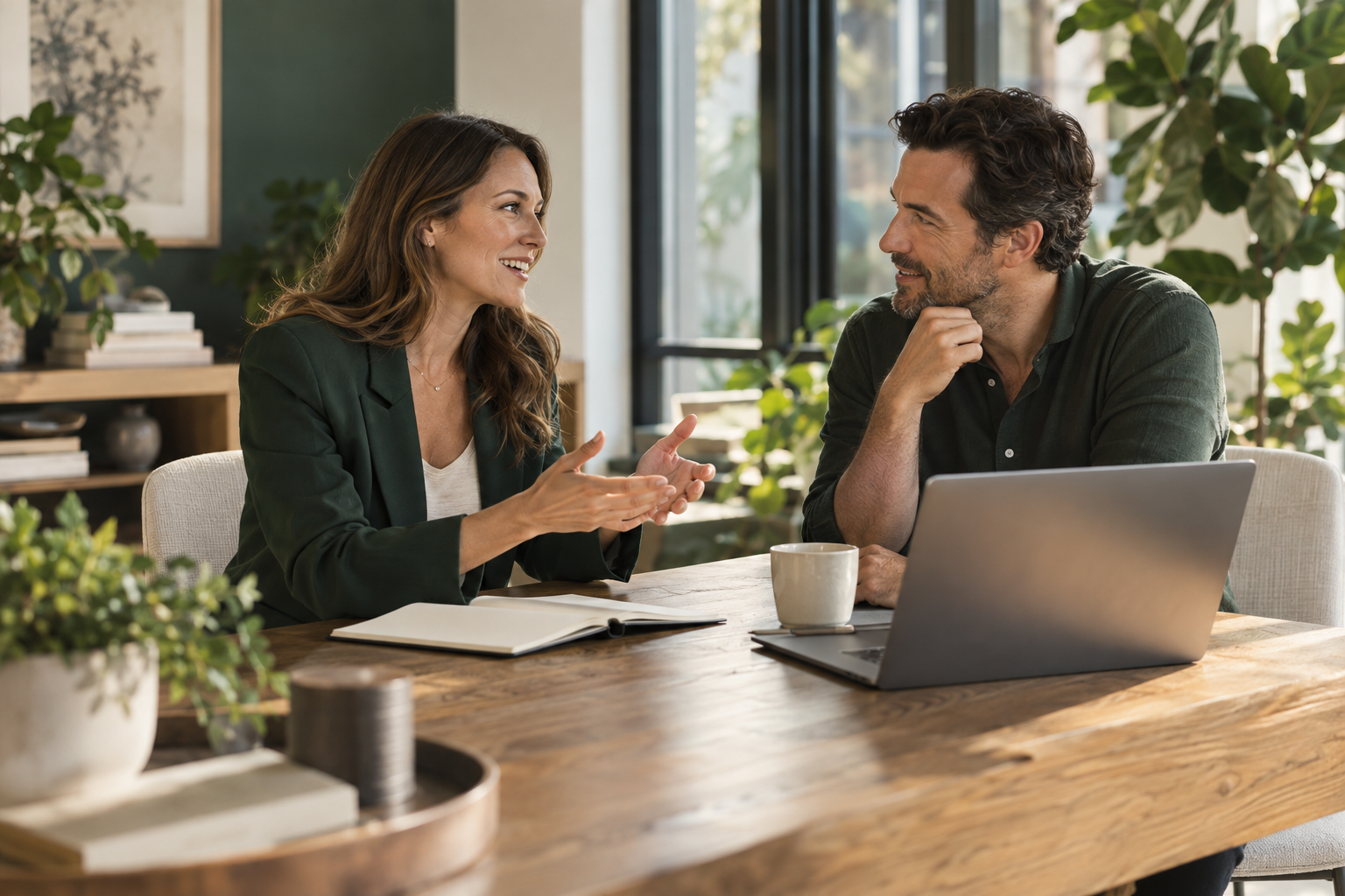 Two professionals discussing ideas together in a sunlit office